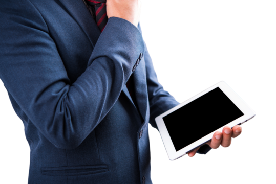 businessman using a touch screen or tablet device on transparent background