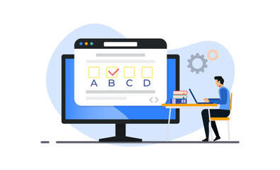 People choosing answer in questionnaire form with checklist. Concept of online exam on internet. Questionnaire, web learning, electronic voting