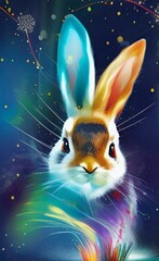 2023 year of rabbit. 
Happy chinese new year 2023 year of the rabbit zodiac with on color background. Rabbit is a 2023 animal symbol of the year. AI-generated image, digital painting