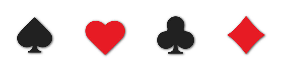 Set collection gambling sign symbol of playing card suits and chips for poker and casino. Hearts, clubs, diamonds and spades on an isolated white background.