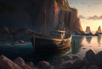 Before sunset, a medium sized fishing boat can be seen drifting in the water near to a rocky beach. Generative AI