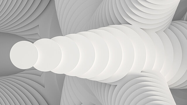 Abstract creative modern parametric white light 3D three-dimensional background.Architectural design. A complex geometric rounded volume cut into many parts forming steps. 3d illustration © ParamePrizma