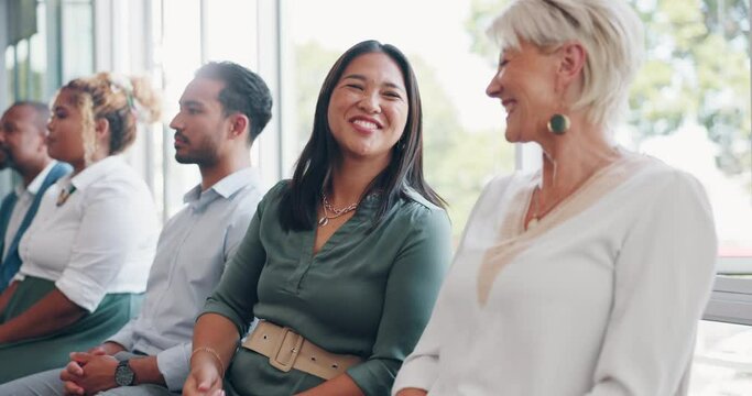 Handshake, greeting and business people meeting at conference with welcome, thank you and deal. Team building, b2b and corporate women shaking hands at a workshop with a congratulations and thanks