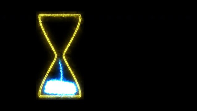 Animation Hourglass dirty yellow contour glowing neon sand on a black background. Computer graphics