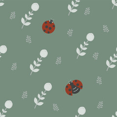 Seamless diaper pattern made of flowers and plants. Plants and ladybugs as elements, suitable for background and wrapping paper design.	
