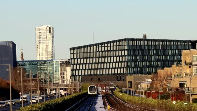 Copenhagen, Denmark The elevated Copenhagen Metro Green Line passes the DR Byen station.  