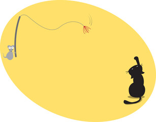 The pattern is a mouse holding a cat teasing stick to tease a black cat. Can be used as note paper or greeting card.