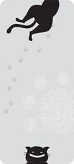 Cute black cat with hanging body, paw prints and tail. Baby card sticker, gray background.
