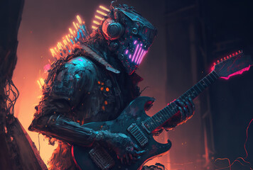 Robot playing the guitar in an abstract cyberpunk musician portrait. Generative AI