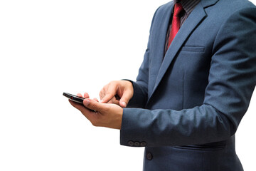 businessman using a touch screen mobile phone or smart phone device on transparent background