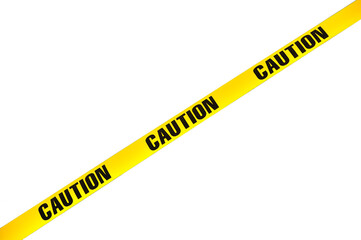 Yellow plastic “Caution” tape isolated on white background, diagonal position