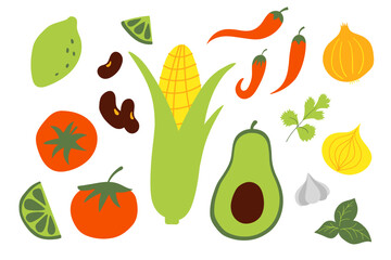 Mexican Food set in flat vector style. Traditional ingredients like tomato, avocado and chili pepper, corn, lime