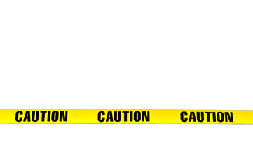 Yellow plastic “Caution” tape isolated on white background, lower third position