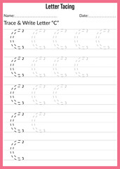 Alphabet letter tracing worksheet. writing a-z exercise. Letter Tracing C Worksheet. Activity for preschoolers and kindergarten kids. English Alphabet training for kids. Tracing page. Practice sheet.