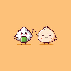 Cute Illustration of Kawaii onigiri and dimsum mascot cartoon