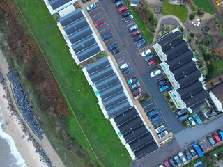 Aerial view of an English coastal holiday resort g mobile homes and chalets. Located by the North Sea.