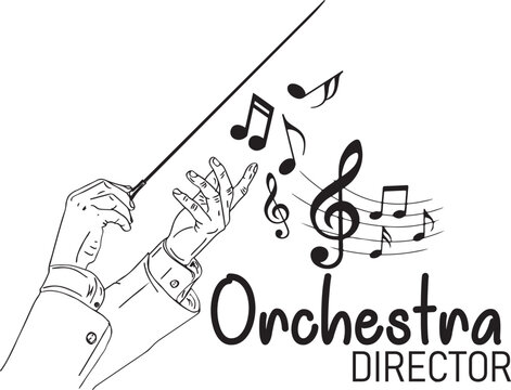 Music orchestra conductor logo, Conductor hands with baton, Musical arranger mascot, sketch drawing of orchestra conductor hand holding music stick, Music conductor vector silhouette