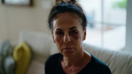 Middle age hispanic woman suffering for domestic violence with bruise on eyes at home