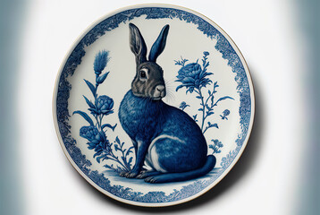 chinese year of the rabbit 2023, rabbit illustration on a porcelain plate