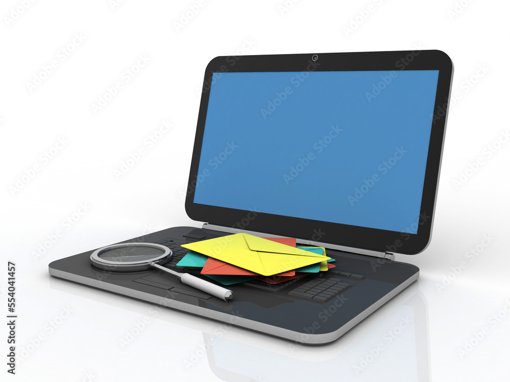 Poster 3d rendering lens on envelope network in laptop