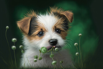 Burdock burs on a Jack Russell puppy dog's face on green grass. Generative AI