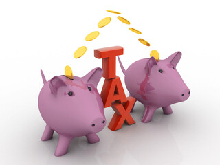 3d rendering goin coin in piggy bank with tax

