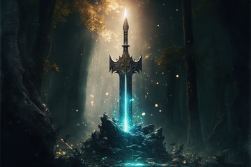 Excalibur, sword in the stone with light rays in a dark forest. Digital illustration. Generative AI - obrazy, fototapety, plakaty