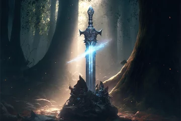 Fotobehang Excalibur, sword in the stone with light rays in a dark forest. Digital illustration. Generative AI © Ilugram