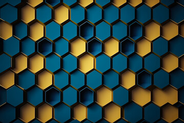 Honeycomb design, hexagons, blue and yellow. Generative AI