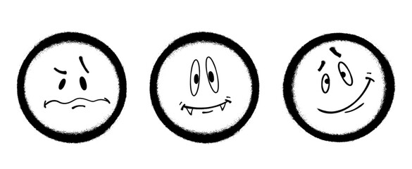 Three graffiti emoticons. Smiling face painted spray paint. Vector illustration on white background