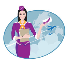 Air Travel: Air hostess holding ticket to the flight, presenting her company's services