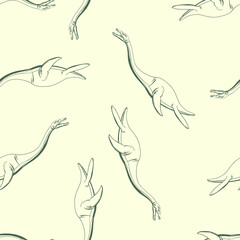 Hand drawn dinosaur plesiosaur seamless pattern. Vector clipart