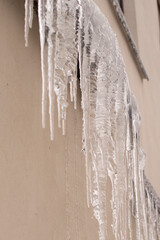 Huge icicles hang from the facades of buildings. The fall of icicles carries a danger to people's lives