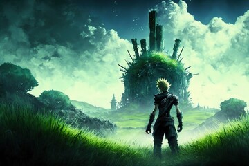 an anime warrior with blond hair standing on a green field with a fantasy city in the distance, generative ai