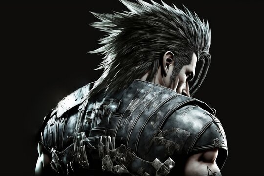 A strong anime warrior with spiky black hair and armor on a black background, generative ai