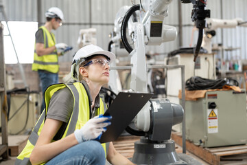 Caucasian technician engineer woman use clipboard checking machine arm robot at factory	