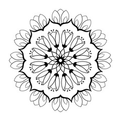 Vector mandala coloring book page for adults. Ornamental round floral lace outline black contour on white. Flower, nature elements, geometric symmetry, ethnic style, lace pattern template for art.