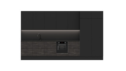 Obraz premium MODERN KITCHEN 3D RENDERING ON ISOLATED WHITE BACKGROUND, PNG TRANSPARENT BACKGROUND. GREY KITCHEN AND DARK WOOD 