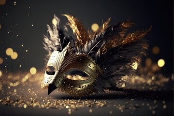 Realistic festive background with ornate masquerade carnival mask, feathers, sequins and confetti. Generative Ai