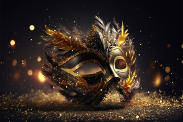 Realistic festive background with ornate masquerade carnival mask, feathers, sequins and confetti. Generative Ai - obrazy, fototapety, plakaty
