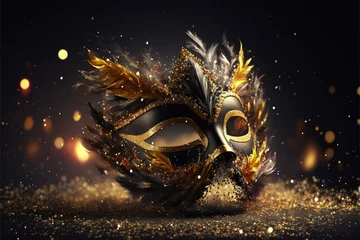 Fototapeten Realistic festive background with ornate masquerade carnival mask, feathers, sequins and confetti. Generative Ai © makstorm