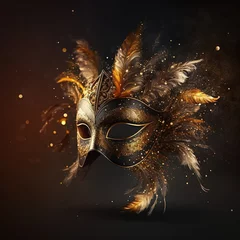 Deurstickers Realistic luxury carnival mask with yellow  feathers. Abstract blurred background, gold dust, and light effects. Generative Ai © makstorm