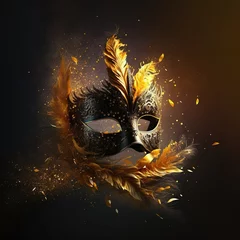 Zelfklevend Fotobehang Realistic luxury carnival mask with yellow  feathers. Abstract blurred background, gold dust, and light effects. Generative Ai © makstorm