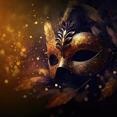 Gordijnen Realistic luxury carnival mask with yellow  feathers. Abstract blurred background, gold dust, and light effects. Generative Ai © makstorm