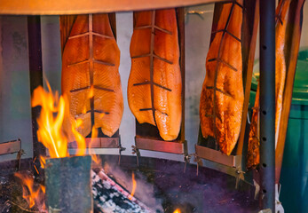 Close up of smoked salmon in the market