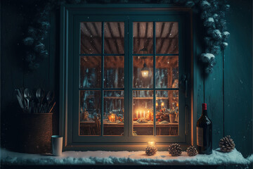 Fototapeta na wymiar Charming Christmas Eve Supper in living room. View from behind the window. Generative AI. _ai_generated . High quality illustration