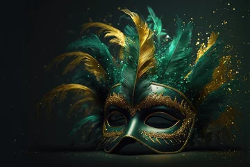Gordijnen Realistic luxury carnival mask with green feathers. Abstract blurred green background, gold dust, and light effects. Generative ai. © makstorm