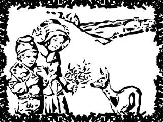 Fototapeta na wymiar children feeding deer, silhouette illustration
