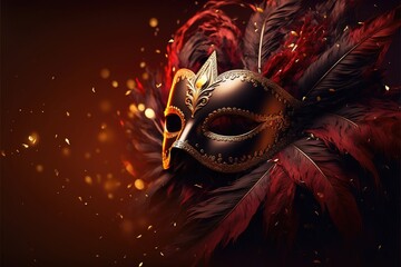 Realistic luxury carnival mask red festive background.. Abstract blurred backdrop, gold dust, and light effects. Generative Ai