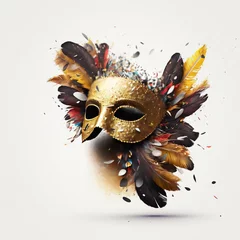 Gordijnen Realistic luxury carnival mask with  feathers, gold dust, and light effects. Generative Ai. © makstorm